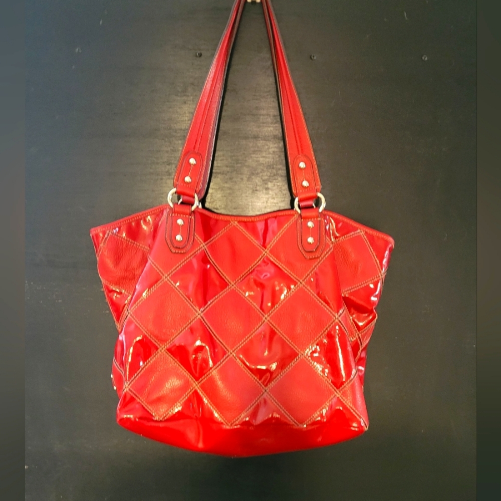 Tignanello Genuine Leather Women Red Handbag Shoulder Bag Thick Stitch
